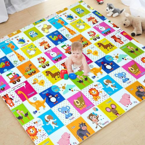 Baby Play Mat 79"×71", Mergren Extra Large Foldable Foam Floor Play Mat for Babies XPE Waterproof Crawling Mat, Anti-Slip,Toddlers, Infants, Reversible