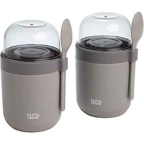 Tasty Travel Snack Cups with Spoons, On-The-Go Snacking, Divided Compartments, Great for Nuts, Cereal, Granola, Yogurt and More, Made Without BPA, 2-Pack, Gray