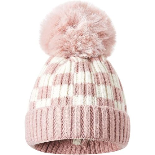 Toddler Kids Baby Beanie Hat Knitted Thick Winter Caps Cute Checkerboard Pompom Hats for Girls Boys 1-4 Years Old