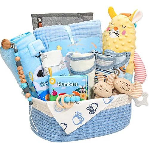 Baby Boy Gifts,Baby Shower Gifts for Boys,Large Baby Boy Gift Basket Set with Swaddle Rattle Toys,Essential Stuff,Gender Reveal Gifts for New Parents