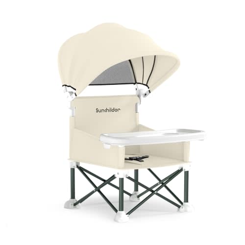 Portable Baby Booster Seat with Removable Tray & Canopy - 3 Point Safety Harness, Compact Fold for Travel, Indoor Outdoor Use for Infants & Toddlers, Beige