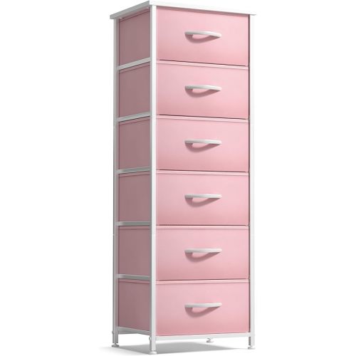Sorbus Fabric Dresser for Kids Bedroom - Chest of 6 Drawers, Tall Storage Tower, Clothing Organizer, for Closet, for Playroom, for Nursery, Steel Frame, Fabric Bins - Wood Handle (Pink)