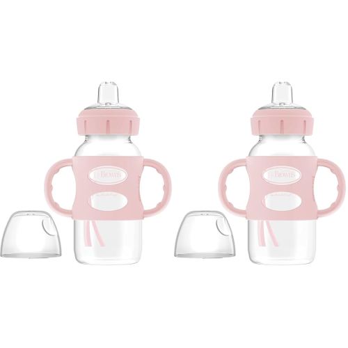 Dr. Brown's Milestones Wide-Neck Sippy Spout Bottle with 100% Silicone Handles, Easy-Grip Handles with Soft Sippy Spout, 9oz/270mL, Light-Pink, 2-Pack, 6m+