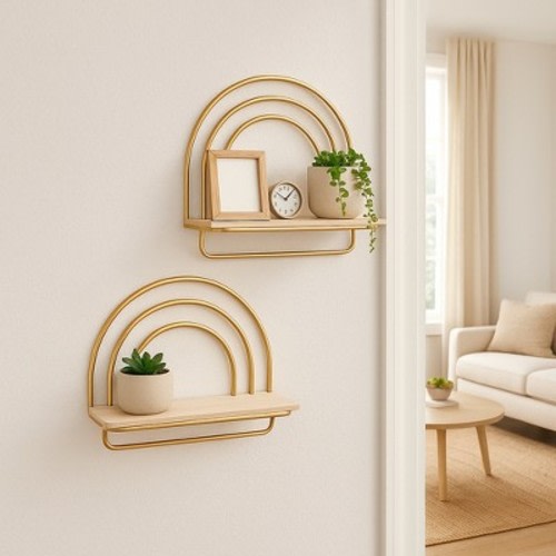 Rainbow Style Wall Mounted Shelf - Modern Hanging Wood and Metal Frame Storage Organizer for Home Decor - Set of 2, 20", 16", White & Gold
