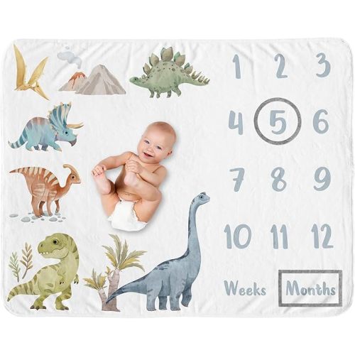 Sweet Jojo Designs Watercolor Dinosaur Dino Boy Baby Milestone Blanket Newborn Monthly First Year Photo Growth Chart Infant Memory Gift Set Green Slate Blue White Modern Jurassic Nature Animal Steel