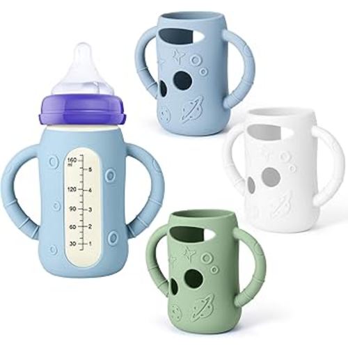 Mity rain 3 Pack Silicone Sleeves for Lansinoh Glass Bottles 5 OZ - Anti Breakage Baby Bottle Holder, Compatible with Lansinoh Glass Bottles for Babies with Handle