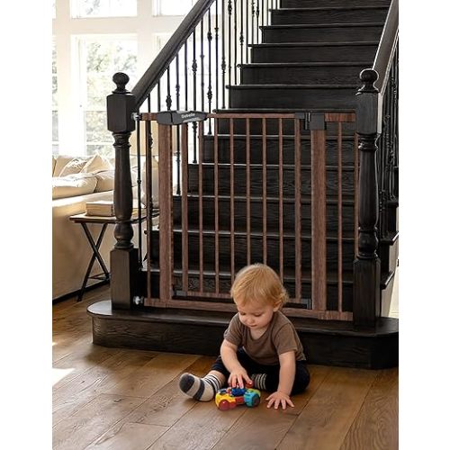 BABELIO 29-48" Baby Gate with Black Wood Pattern, Auto Close Dog Gate for The House、Stairs and Doorways, Pressure Mounted Pet Gate with Door, with Y Spindle Rods