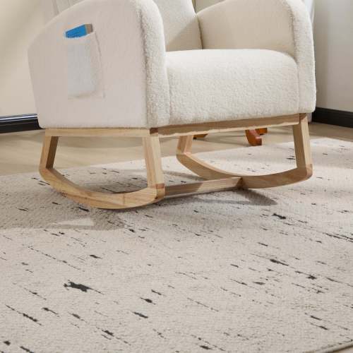 Modern Teddy Rocking Chair With Solid Wood Legs, High Back Nursery Glider, Side Pocket, 300Lb Capacity