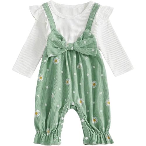 Newborn Baby Girl Fall Clothes Corduroy Floral Bow Onesie Jumpsuits Ruffle Long Sleeve Outfit Infant Cute Romper