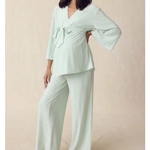 LAKE | Women | DreamModal® Pajamas | Parisian Green Pencil Stripe Maternity Kimono Bundle