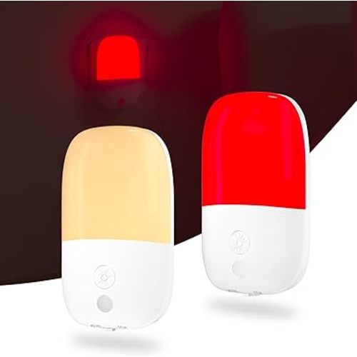 670nm Red Light Night Light for Sleep, Red Light for Bedroom with 2500K Amber & Dusk-to-Dawn Sensor, Dimmable Auto On/Off Plug-in Nightlight for Baby Nursery Bathroom, 2-Pack