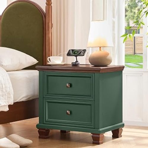 SAVOR LIFE Farmhouse Nightstand with Charging Station, 2 Drawers,Green