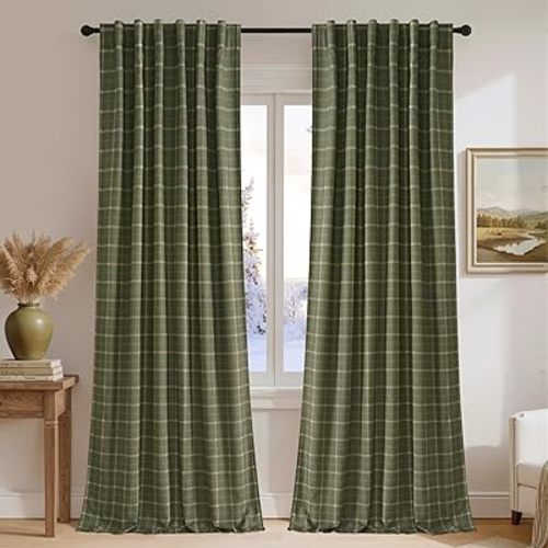 NICETOWN Moss Green Linen Blackout Plaid Curtain 96 Inches Long for Bedroom