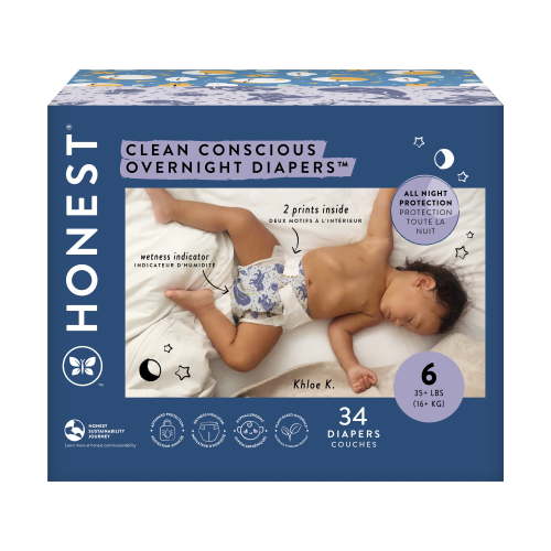 The Honest Company, Clean Conscious™ Overnight Diapers, Cozy Cloud + Star Signs, Size 6, 34 Count Club Box
