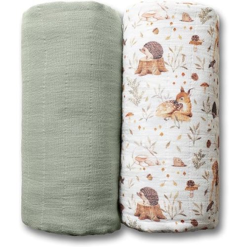 Miaoberry GOTS Certified Organic Muslin Swaddle Blankets, 2 Pack Baby Receiving Blankets, Soft Breathable Cotton Swaddles for Newborn Boys & Girls, Woodland Deer & Sage Green