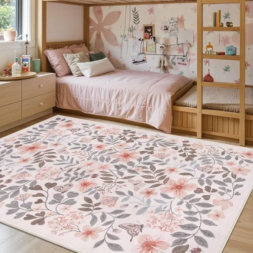 Lahome Apricot Girls Nursery Decor Rug 5x7, Fall Floral Boho Bedroom Carpet, Washable Soft Low Pile Area Rugs for Kids Room, Dorm Room Essentials, Reading Nook