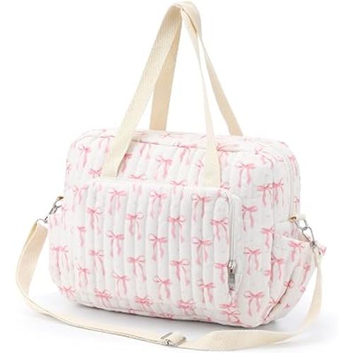 Tallew Small Diaper Bag Tote Pink Bow Quilted Crossbody Diaper Bag with Pockets Lightweight Nylon Travel Purse for Mom and Dad