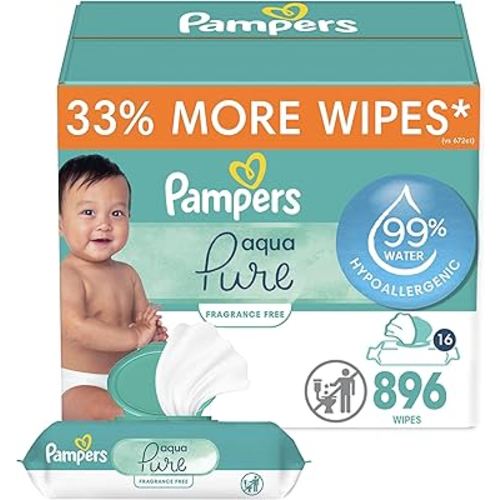Pampers Baby Wipes Aqua Pure, 99% water-based wipes, Hypoallergenic and Unscented Infant Wipe, 896 Total (16 Flip-Top Packs)