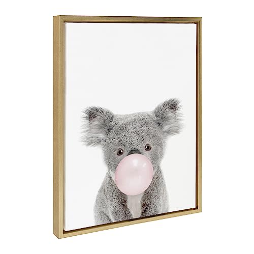 Kate and Laurel Sylvie Bubble Gum Koala Framed Canvas Wall Art by Amy Peterson Art Studio, 18x24 Gold, Cute Whimsical Animal Art for Wall
