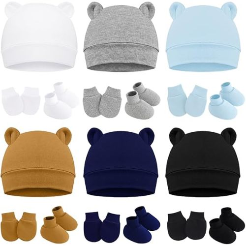 Cotton Baby Hats Mittens and Socks Set Unisex, Toddler No Scratch Mittens and Beanie Cap Infant Newborn Hospital Hat