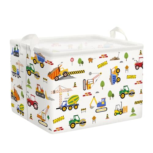 Clastyle Engineering Car Baby Boys Shelf Basket Yellow Bulldozer Excavator Storage Basket Rectangle Clothes Books Toy Storage Cube, 36L