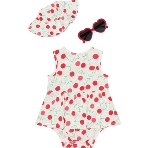 Petit Lem’s Mini Threads Cherry Print Skirted Romper, Hat and Sunglasses Set | Nordstromrack