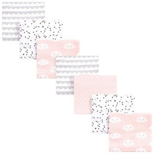Hudson Baby Infant Girls Cotton Poly Flannel Receiving Blankets Bundle, Pink Clouds, One Size