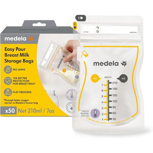 Medela Easy Pour Breastmilk Storage Bags, Pack of 100, 210ml, Disposable Leakproof with Protection, Recyclable, BPA Safe, Zip Seal Closure, Made Without BPA