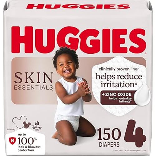Huggies Size 4 Diapers, Skin Essentials Baby Diapers, Size 4 (22-37 lbs), 150 Count, Packaging May Vary