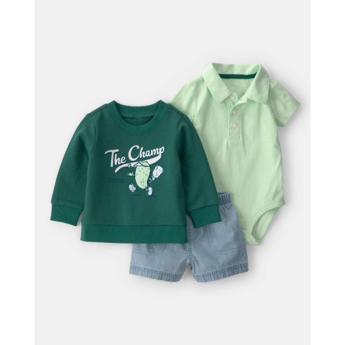Baby Boy 3-Piece Pickleball Sweatshirt, Bodysuit & Short Set - Green | Carter's