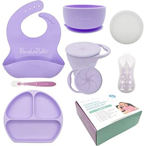 Baby Feeding Supplies - Complete Baby Feeding Set with Baby Plate, Baby Spoons First Stage, Silicone Bib and Snack Cup - Infant Eating Utensils and Baby Bowl with Suction