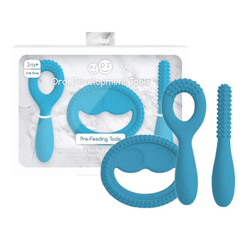 ezpz Oral Development Tools (3 Pack in Blue) - 3 Months+ - Non-Slip Loop, Smile and Stick 100% Silicone Tools - Prepare for Chewing + Solids - Baby-Led Weaning Supplies