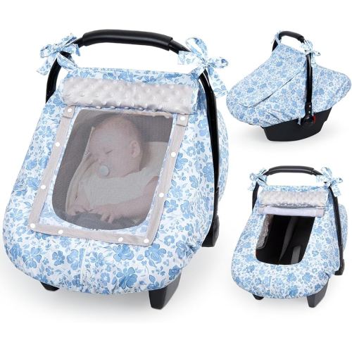 FIOBEE Baby Car Seat Cover, Car Seat Covers for Babies Infant Car Seat Canopy with Breathable Mesh Window Waterproof Carseat Cover for Babies Boy Girl 4 Seasons, Ice Blue Floral