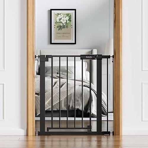 Babelio Baby Gate for Doorways and Stairs, 26-31" Pet Gate with Wide Walk Thru Door and Lock Indicator, No Drill Pressure Mounted Safety Gate with Double Lock and Self-Closing, Black
