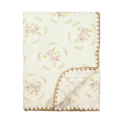 Baby Blanket 40x40 Inches,Muslin Cotton and Minky Dotted Double Layer Soft Receiving Blanket for Newborn Toddler,Meadow Bunny