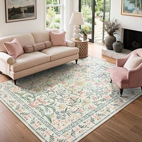 Lahome Boho Rugs for Living Room 5x7, Machine Washable Area Rugs Non-Slip, Vintage Floral Soft Kids Bedroom Carpet Rug for Home Girls Playroom Foyer Entryway, Beige/Multi