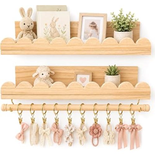 2 Pack Scalloped Nursery Floating Shelves with Bow Holder Rod