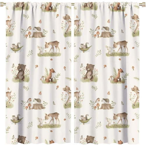 Cute Animal Curtains Watercolor Nature Leaf Squirrel Deer Bear Cartoon Cute Woodland Animals Colorful Art Print for Kids Girls Bedroom Living Room Decor Rod Pocket Blackout Window Drape 52x84in