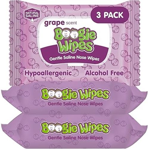 Boogie Wipes Saline Nose Wipes - 90 Count - Grape Scent, Hypoallergenic & Alcohol-Free - Allergy Relief - Made with Natural Saline, Aloe, Chamomile & Vitamin E - Diaper Bag Essential