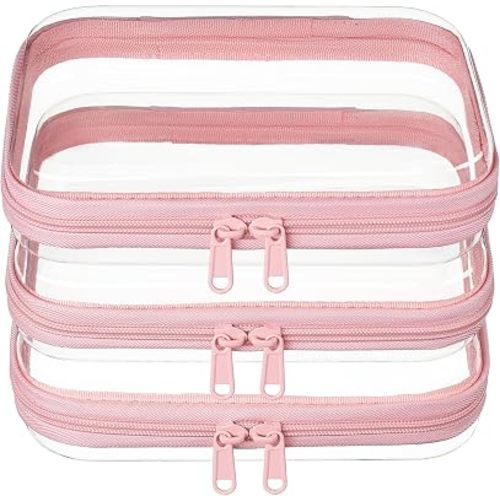 3-PCS Medium Clear Hard Shell Zipper Pouches, Clear Zipper Bags (3M, Pink)