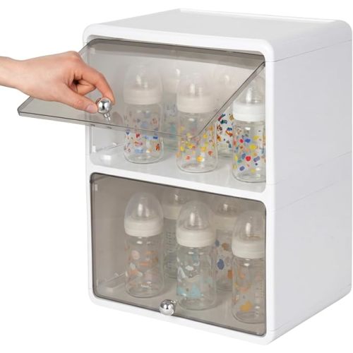 Rainmae Baby Bottle Organizer Clear Stackable Storage for Baby Bottle Nipples and Pump Parts 2-Tier Bottle Storage Organizer Space-Saving Countertop Design for Cabinet Nursery and Kitchen Organization