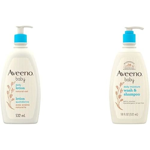 Aveeno Lotion pour bébé, crème hydratante quotidienne pour peaux sensibles, sans parfum, sans paraben, 532 ml et gel douche et shampooing pour bébé, sans paraben, sans déchirure et sans savon,