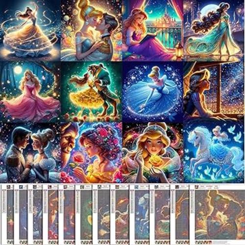 KEYRANKE 12 Pack Diamond Painting Kits for Adults 5D DIY Princess Diamond Art Kit Paint with Round Full Drill Diamonds for Beginners Gem Paintings Art for Home Wall Decor Gifts(12X12 Inch)