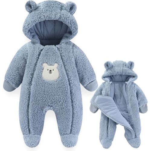 Fairy Baby Newborn Baby Winter Snowsuit Bear Thick Romper Footie Double Zip Hooded Jumpsuit Fleece Coat Infant Boy Girl 0-12M