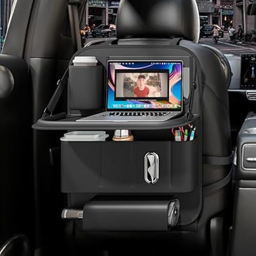 GMQ Backseat Car Organizer with Tray 1 Pack,Car Backseat Organizer with Foldable Table for Kids,Multifunctional Seat Back Organizer with Storage Pockets Car Storage Organizer (Black)