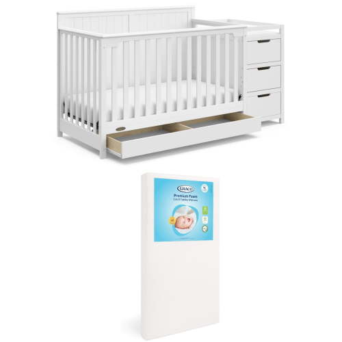 Graco Hadley 5-in-1 Convertible Crib and Changer and Premium Crib & Toddler Mattress Bundle, White