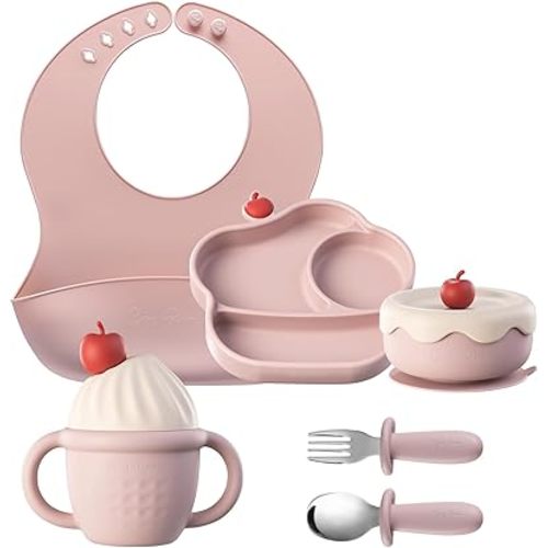 Silicone Baby Feeding Set, Gelato Collection Baby Led Weaning Supplies, First Self-Feeding Set with Suction Bowl & Plate, Sippy Cup & Bib, Fork & Spoon,