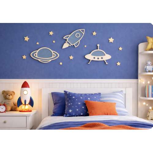 Space Wall Decor Set of 3 | Rocket Ship UFO Planet Wall Plaques | Kids Room Nursery Decor