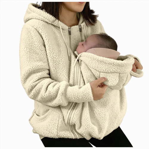 mgoYE Women Zip Up 2 in 1 Ba‘by Wearing Jacket Maternity Winter Coat Thicken Kangaroo Sweatshirt(Beige,XL)