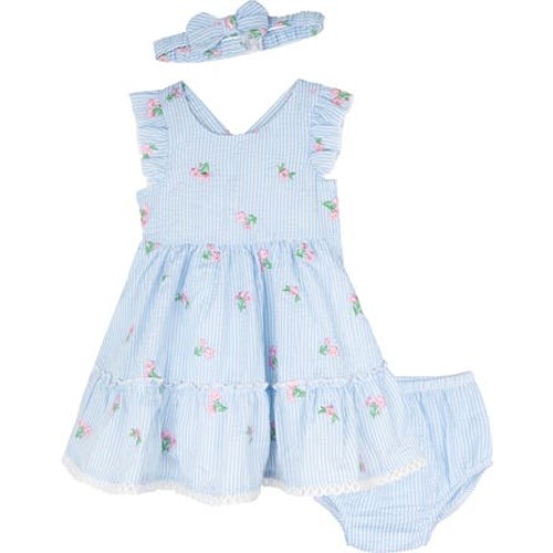 Floral Embroidered Seersucker Dress, Bloomers & Headband Set